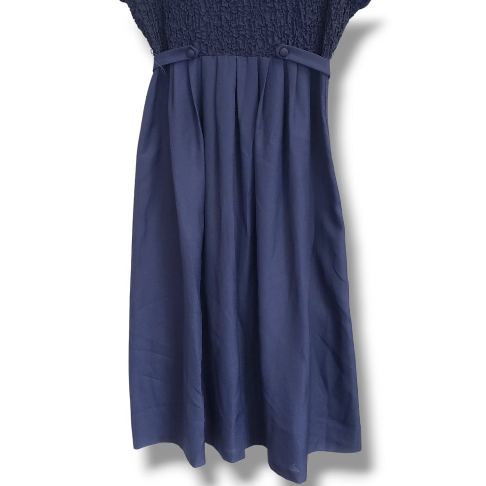 Vintage EJM Navy Blue Textured Belted Midi Dress Size 10 - Picture 4 of 10